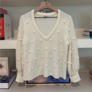 Madewell Cream V-Neck Sweater with Pearl Embellishments